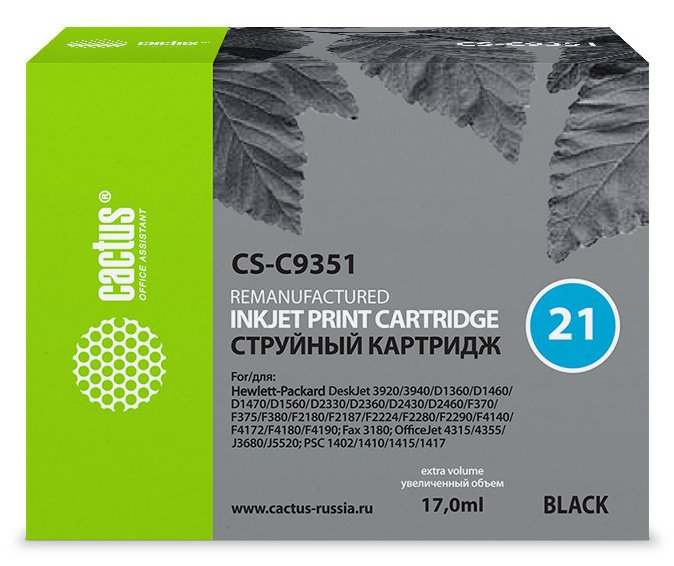 Картридж струйный Cactus CS-C9351 №21 черный (17мл)