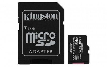 Карта памяти 64Gb microSDXC Kingston Canvas Select Plus, 64 Гб, UHS-I Class 10 U1 A1, с адаптером